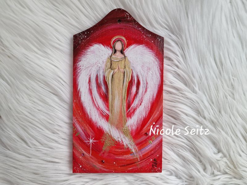 Engel auf Holzbrettchen gemalt * Schutzengel * 12 x 22 x 1 cm * Rot